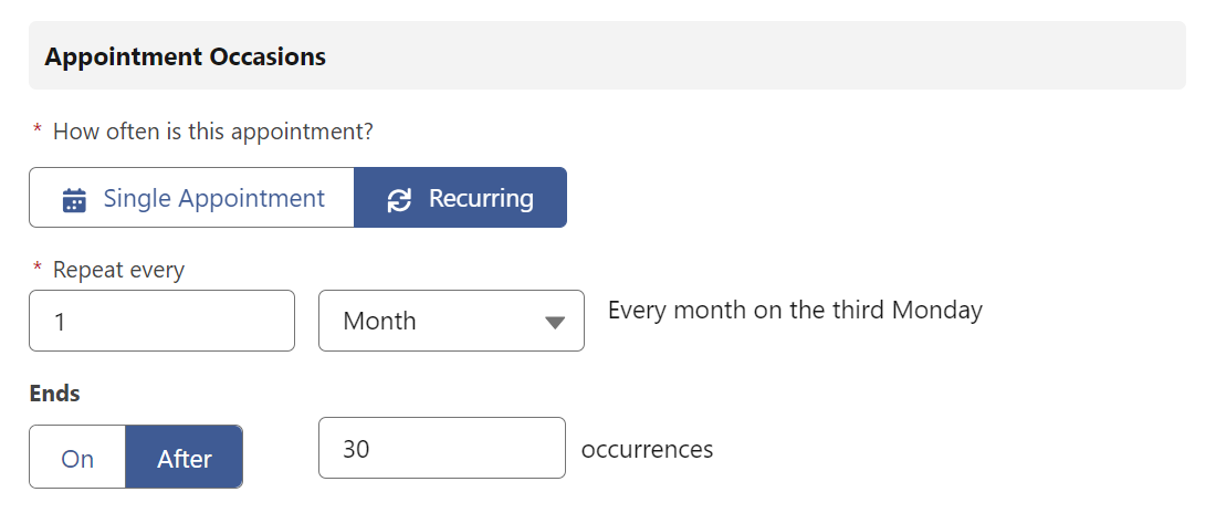 Appointment occasions section