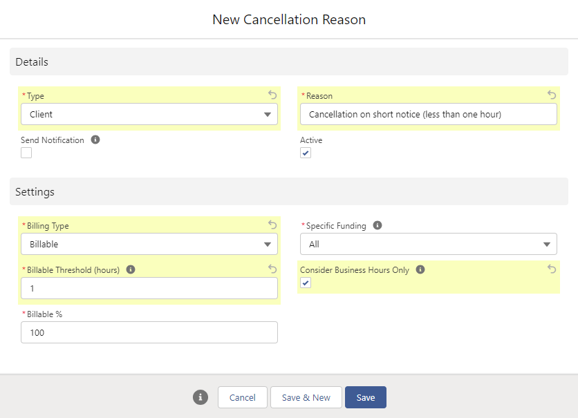 New Cancellation Reason form