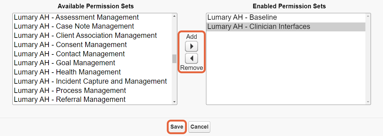 Add/Remove permission set buttons