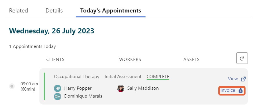 location of invoice link on site page